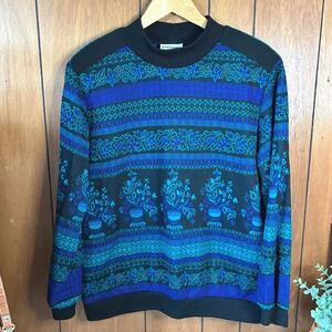 Vintage Alfred Dunner‎ Black & Blue Knit Sweater with Plant Design Size Large